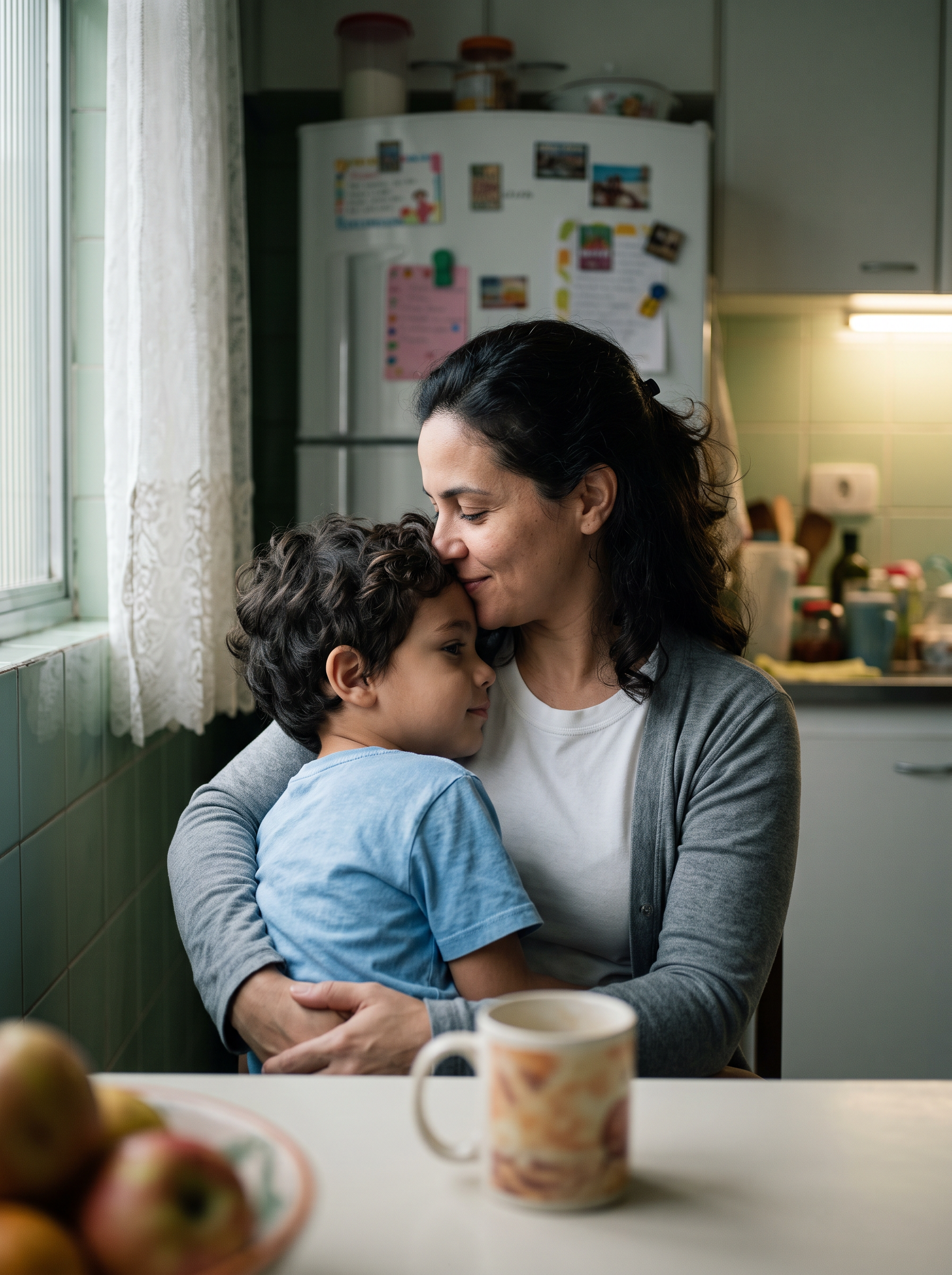 Mãe abraçando filho na cozinha