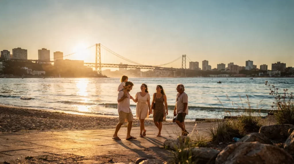 Família caminhando à beira-mar ao pôr do sol, com a ponte Hercílio Luz ao fundo